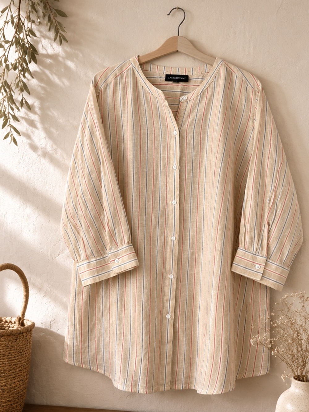 Lane Bryant Linen Blend Striped Blouse 26/28 Plus Size Coastal Cottagecore Tunic